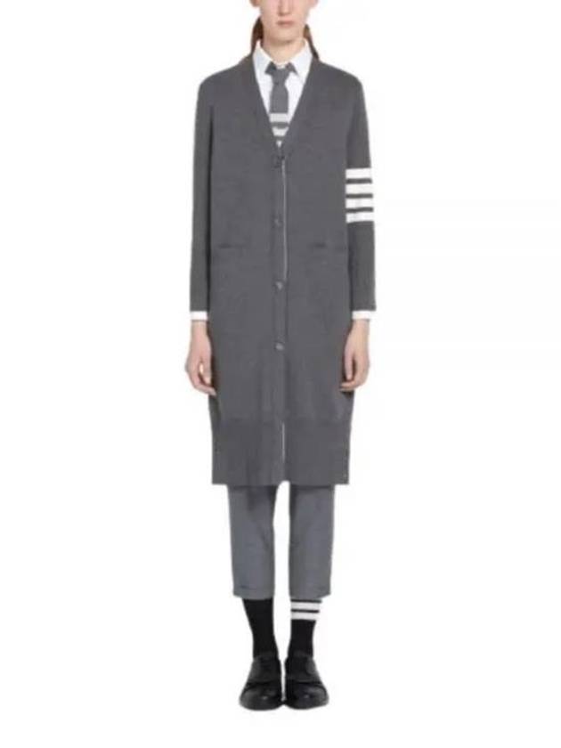 Cotton Crepe Milano Stitch 4-Bar Long V-Neck Cardigan Medium Grey - THOM BROWNE - BALAAN 2