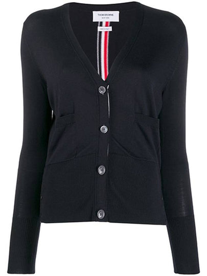 Silk Cotton Blend Relaxed V-Neck Cardigan Navy - THOM BROWNE - BALAAN 2