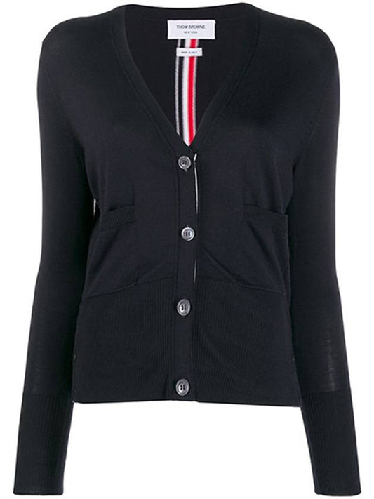 Silk Cotton Blend Relaxed V-Neck Cardigan Navy - THOM BROWNE - BALAAN