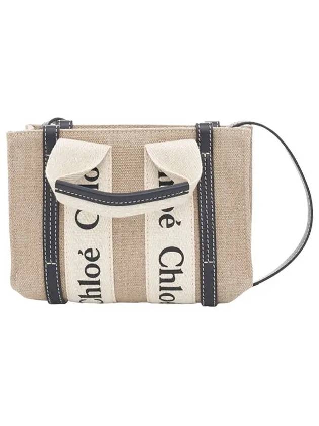 Woody Linen Canvas Calfskin Tote Bag White Navy - CHLOE - BALAAN 3