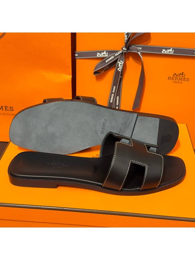 Oran Calfskin Slippers Noir Piqures Ecrues Black - HERMES - BALAAN 7