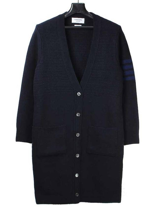 Overwashed Wool Cashmere Long V-neck Cardigan Navy - THOM BROWNE - BALAAN.