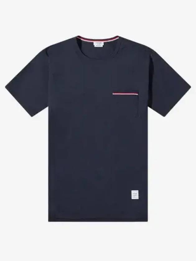 Men's Medium Weight Jersey Tipped Pocket Crewneck Short Short Sleeve T-Shirt Navy - THOM BROWNE - BALAAN 3