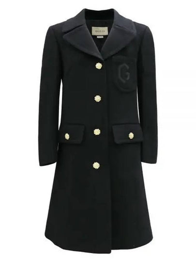 Women's Double G Embroidery Wool Single Coat Black - GUCCI - BALAAN 2