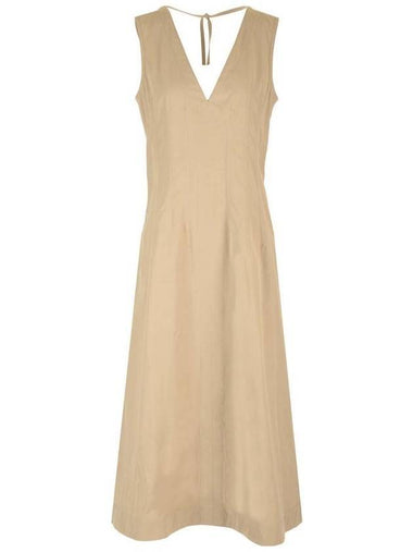 V-neck Open Back Maxi Long Dress Beige - BOTTEGA VENETA - BALAAN 1