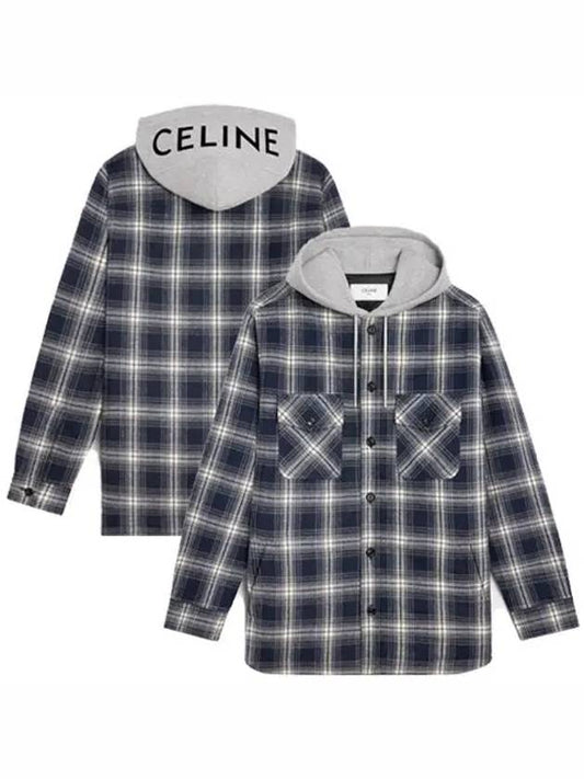 Check Cotton Hooded Oversized Shirt Jacket Navy - CELINE - BALAAN 2