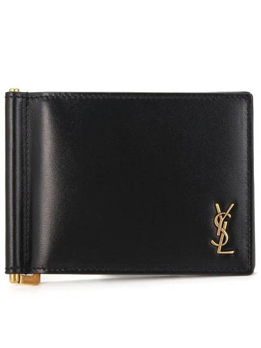 Tiny Cassandre Gold Monogram Logo Money Clip Card Wallet Black - SAINT LAURENT - BALAAN 2