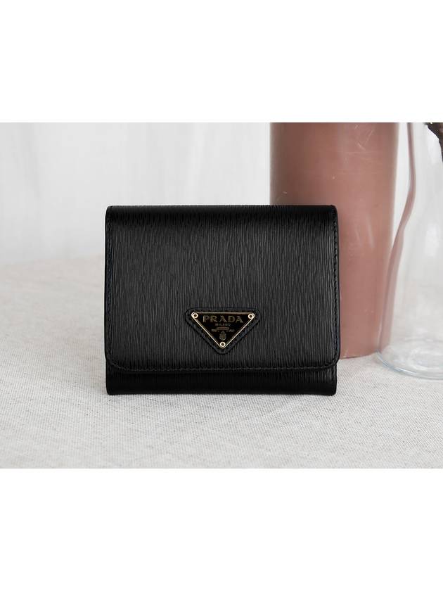 Triangle Logo Vitello Move Tri Fold Leather Half Wallet Black - PRADA - BALAAN 2