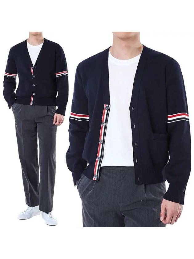 Milano Stitch Sprite Armband Cotton V-neck Cardigan Navy - THOM BROWNE - BALAAN 3