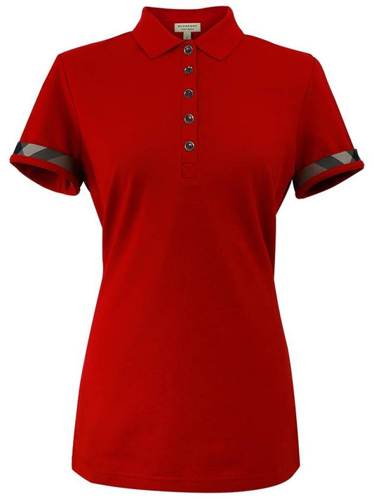 Women's Check Sleeve Short Sleeve Polo Shirt Red - BURBERRY - BALAAN 2