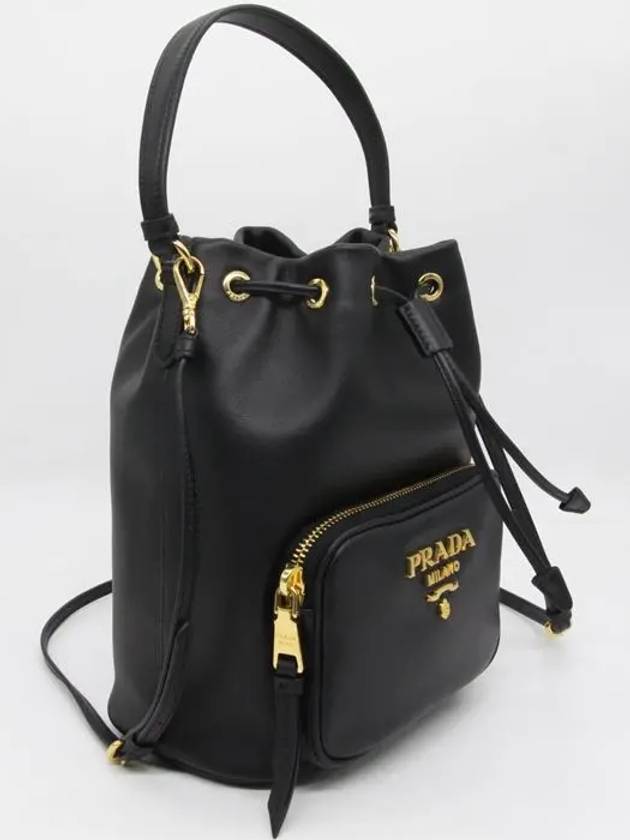 Vitello Gold Logo Leather Bucket Bag Black - PRADA - BALAAN 3