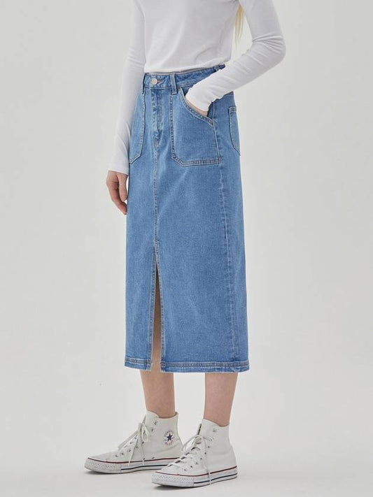 Denim Pocket Slit H Line Skirt Light Indigo - RYUL+WAI: - BALAAN 1