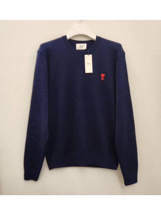 Heart Embroidered Logo Crew Neck Knit Top Navy - AMI - BALAAN 2