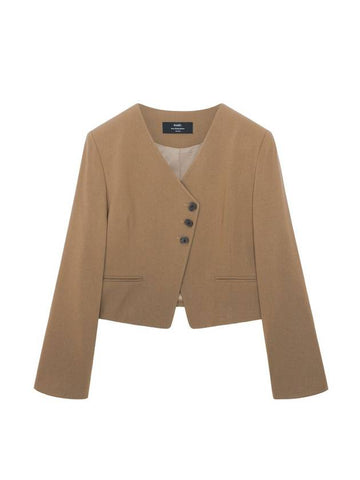 Colin Wool No-collar V-neck Diagonal Three Button Long Sleeve Crop Jacket Moss Brown COLIN40MB - RAMUSTUDIO - BALAAN 1