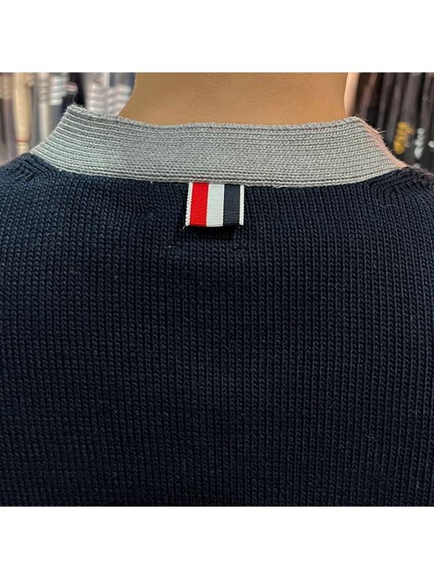 Three Stripe V Neck Cotton Cardigan Navy - THOM BROWNE - BALAAN 9