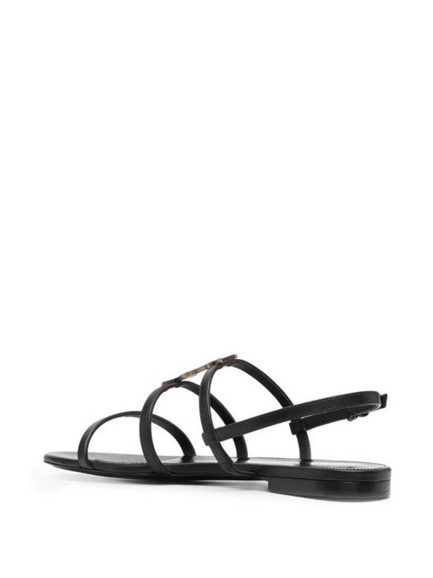 Women's Smooth Leather Gold Tone Monogram Detail Cassandra Flat Sandals Black - SAINT LAURENT - BALAAN 4