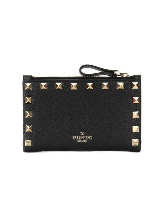 Rockstud Leather Zipper Card Wallet Black - VALENTINO - BALAAN 2