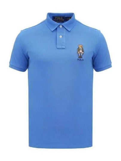 Bear Motif Slim Fit Cotton Polo Shirt Blue - POLO RALPH LAUREN - BALAAN 2