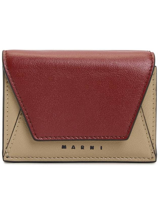 Men's Compact Tri-Fold Leather Half Wallet Wine Dune - MARNI - BALAAN 2