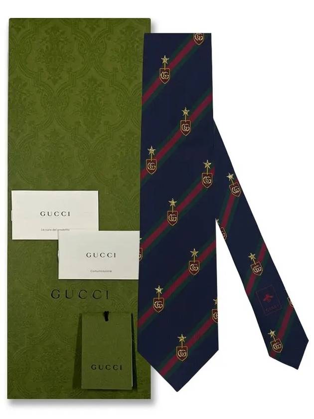 Men's Web Crest Silk Tie Navy - GUCCI - BALAAN 10