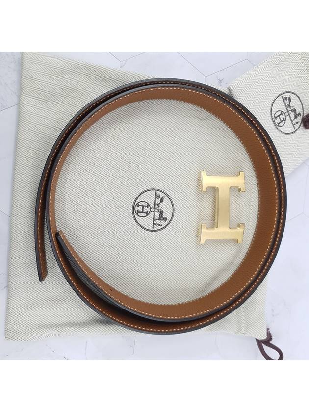 H Gold Buckle Men’s Belt 32mm Reversible Leather Strap Black Gold Matte - HERMES - BALAAN 1