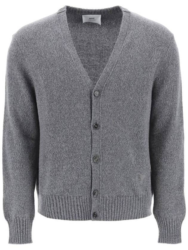 Heart Logo V Neck Cashmere Cardigan Heather Grey - AMI - BALAAN 1