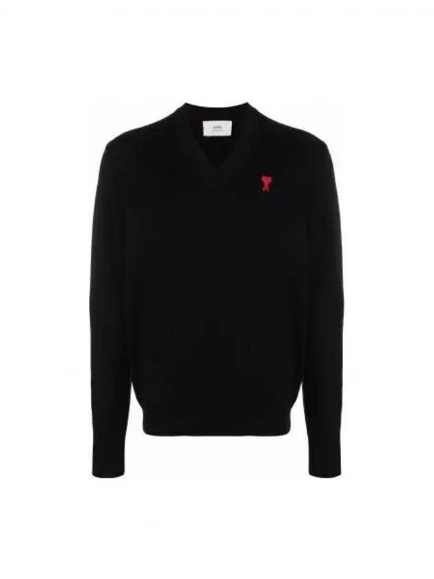 Heart Logo V-Neck Knit Top Black - AMI - BALAAN 2