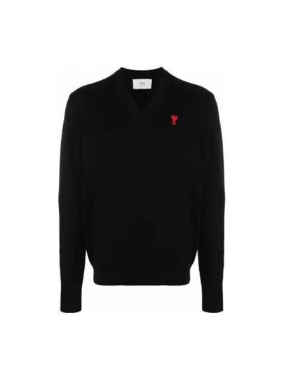 Heart Logo V-Neck Knit Top Black - AMI - BALAAN 2