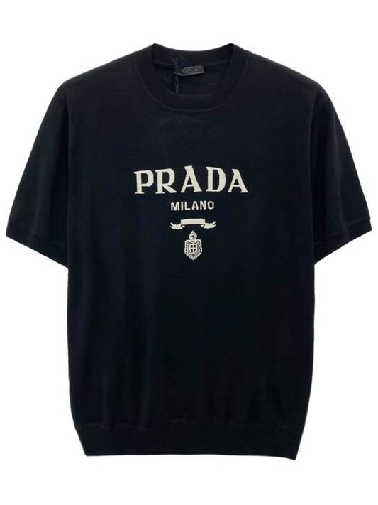 logo wool cashmere short sleeve knit black - PRADA - BALAAN 2