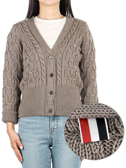 Merino Wool Crisscross Cable Stitch 3/4 Sleeve V-Neck Cardigan Medium Brown - THOM BROWNE - BALAAN 2