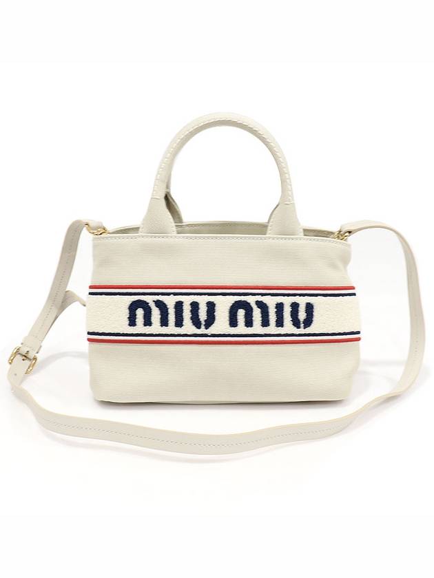 5BA253 White Canvas Logo Embroidered Tote 2WAY - MIU MIU - BALAAN 1