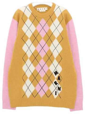 Argyle Pattern Wool Knit Top Pink Yellow - MARNI - BALAAN 1