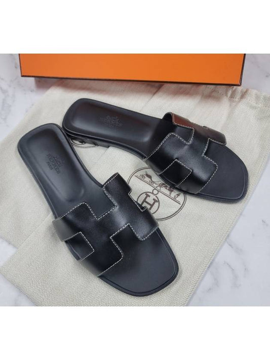 Oran Calfskin Slippers Noir Piqures Ecrues Black - HERMES - BALAAN 2