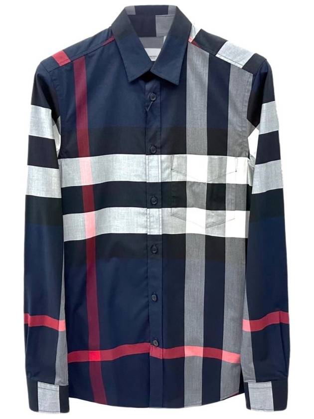 Men's Checked Stretch Cotton Poplin Long Sleeve Shirt Navy - BURBERRY - BALAAN.