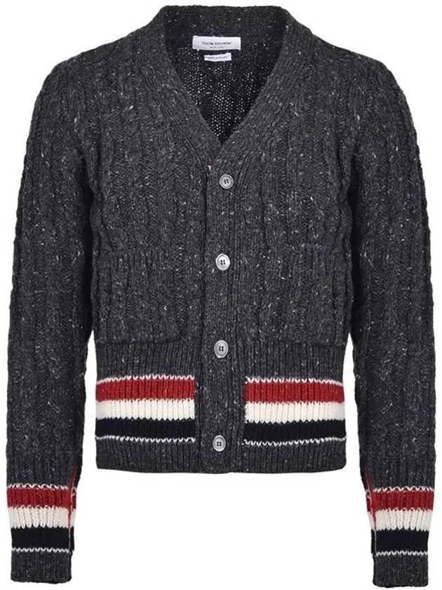 Men's Mix Cable V-Neck Classic Fit Cardigan Dark Grey - THOM BROWNE - BALAAN.