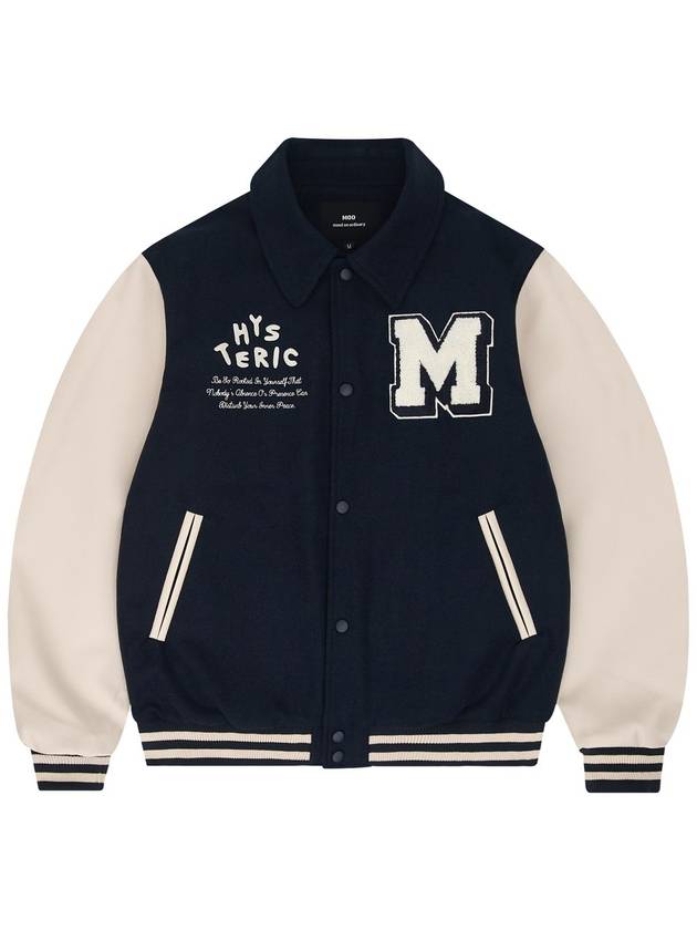 Wool Collar Varsity Jacket Navy - MOO - BALAAN 1