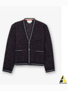 V Neck Striped Trim Buttoned Cuffs Wool Mohair Cardigan Navy - THOM BROWNE - BALAAN 2