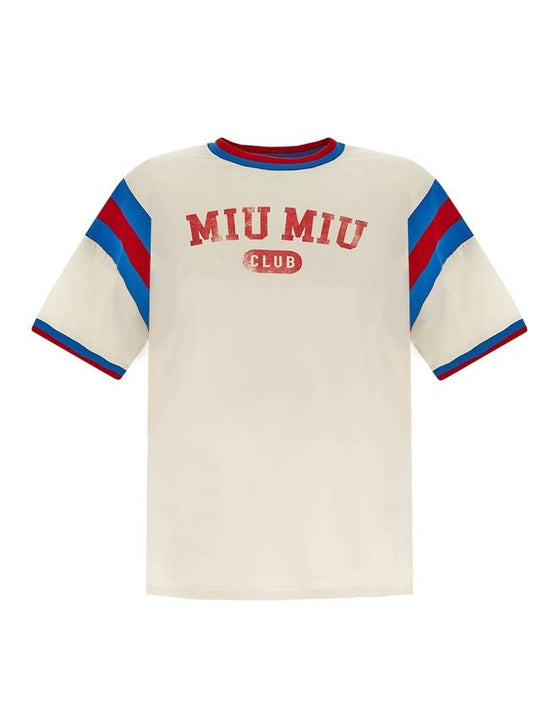 Oversized Print Jersey Short Sleeve T-Shirt Ivory - MIU MIU - BALAAN.