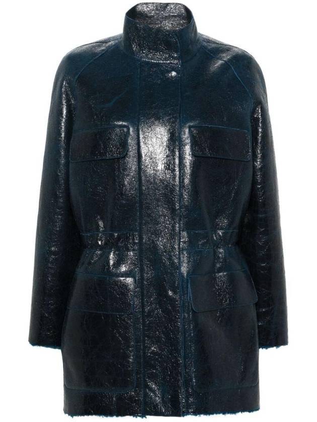 High Neck Leather Jacket Dark Blue - FENDI - BALAAN 1