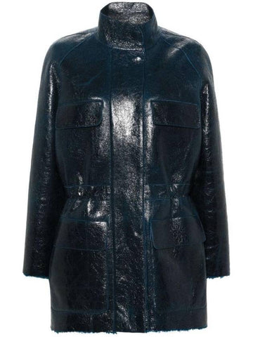 High Neck Leather Jacket Dark Blue - FENDI - BALAAN 1