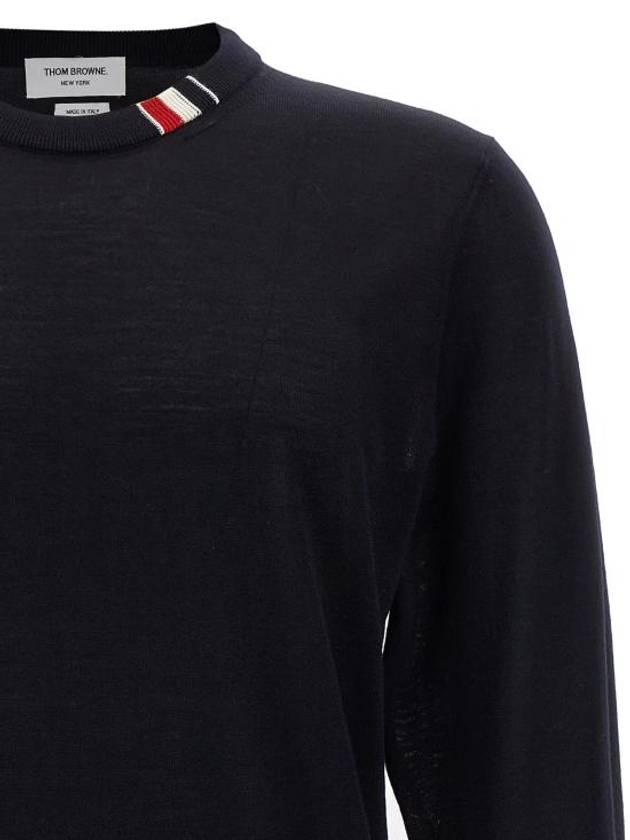 Intarsia Stitch Crew Neck Merino Wool Knit Top Navy - THOM BROWNE - BALAAN 4