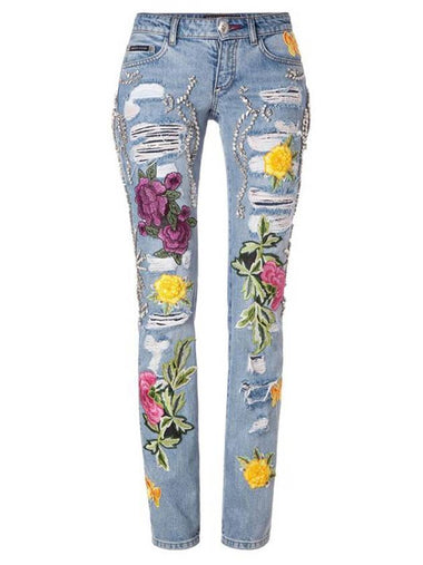 Women's Flower Pattern Skinny Jeans S18C WDT0568 PDE001N - PHILIPP PLEIN - BALAAN 1