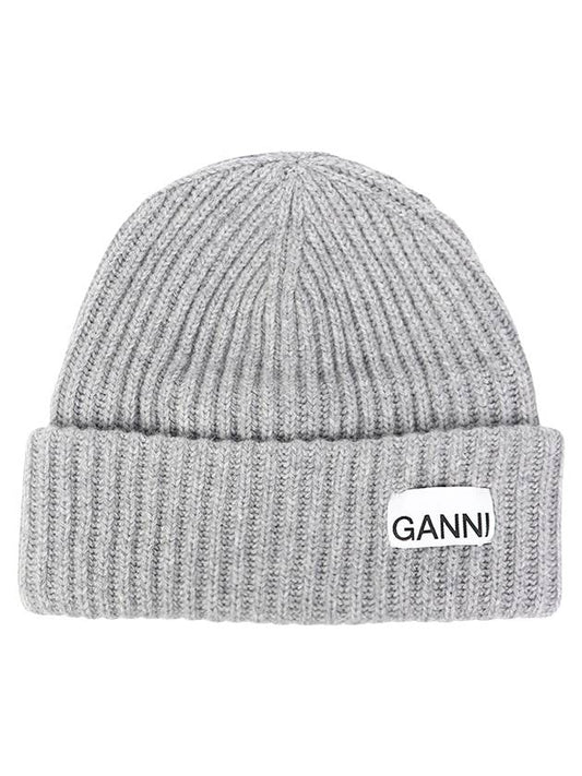 Logo Patch Knit Beanie Grey - GANNI - BALAAN 2