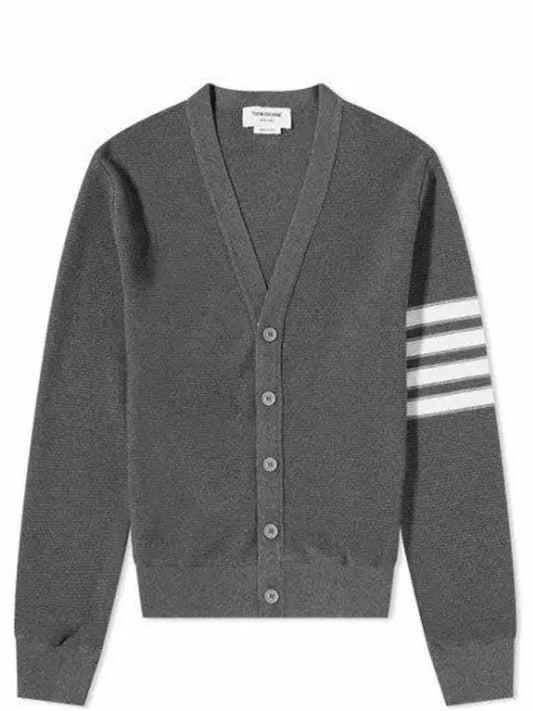 4 Bar Open Raschel Stitch V Neck Cardigan Grey - THOM BROWNE - BALAAN 2