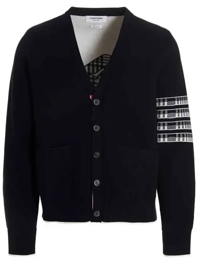 Men's Diagonal Plain Jacquard V-Neck Cardigan Navy - THOM BROWNE - BALAAN 1