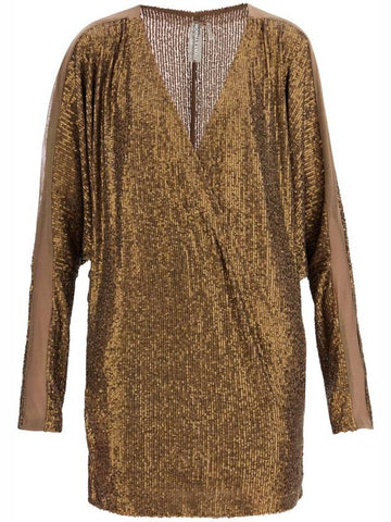 mini wrap dress with v-neck long sleeves shimmering bronze cocktail - NORMA KAMALI - BALAAN 1