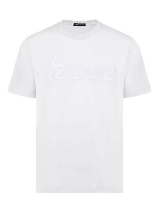 Men's Lettering Embroidery Short Sleeve T-Shirt White - VERSACE - BALAAN 1