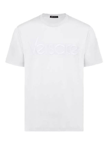 Men's Lettering Embroidery Short Sleeve T-Shirt White - VERSACE - BALAAN 1