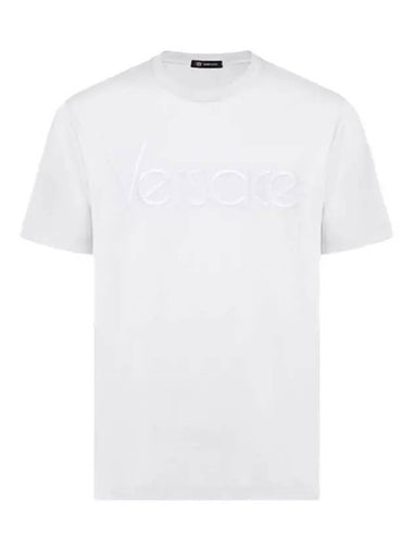 Men's Lettering Embroidery Short Sleeve T-Shirt White - VERSACE - BALAAN 1