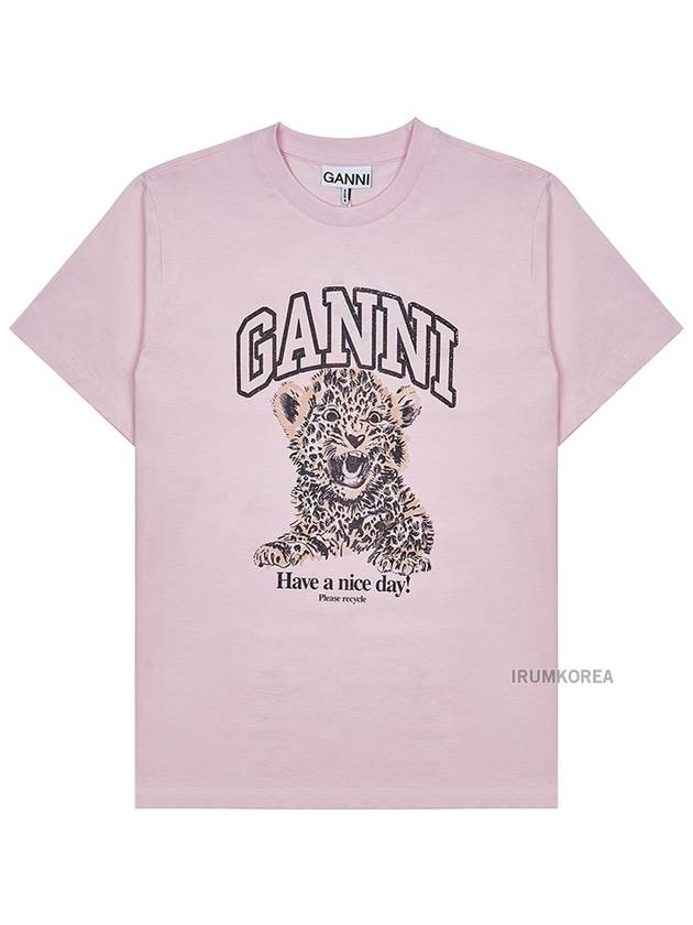 Leopard Print Cotton Short Sleeve T-Shirt Pink - GANNI - BALAAN 9